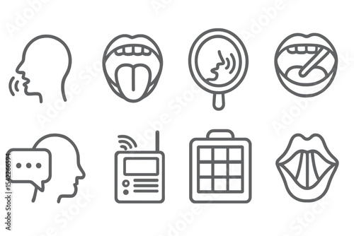 Speech Therapy Icons. Line style icons of speech therapy: voice icon, tongue movement, mirror sound, mouth guide. pronunciation