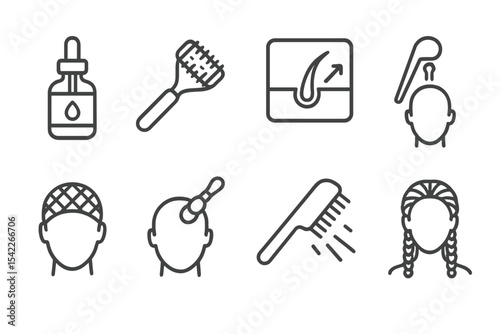 Hair Loss Solutions Icons. Line style icons of hair loss solutions: hair serum, scalp roller, growth tracker, hair transplant. wig