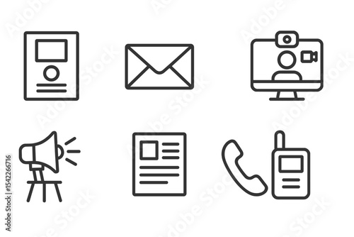 Office Communication Icons. Line style icons of office communication: intercom, email envelope, chat bubble, video call.