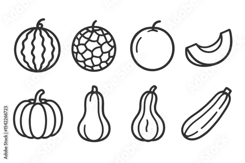 Melons and Gourds Icons. Line style icons of melons and gourds: watermelon, cantaloupe, honeydew, melon slice. pumpkin, squash,