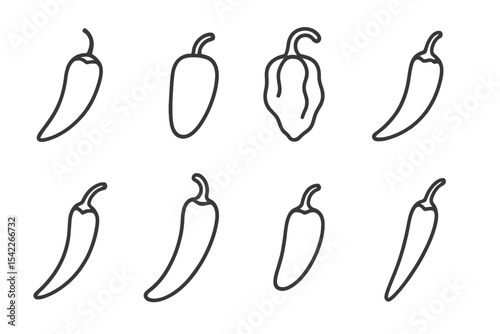 Spicy Peppers Icons. Line style icons of spicy vegetables: chili pepper, jalapeno, habanero, ghost pepper. cayenne, banana pepper,