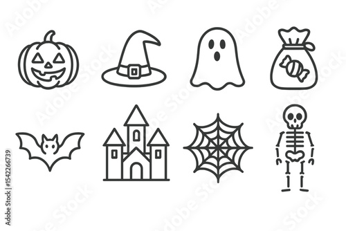 Halloween Icon Set. Line style icons of Halloween symbols: pumpkin lantern, witch hat, ghost, candy bag. bat, haunted house,