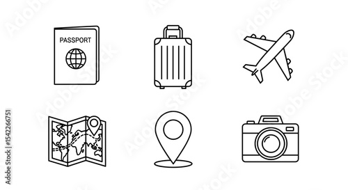 Vector  collection of travel icons including passport luggage airplane map location and camera line drawing style on transparent background