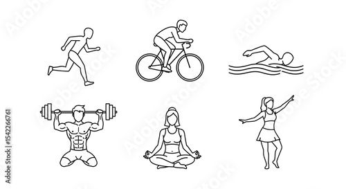 Vector  line drawings illustrating various physical activities including running, cycling, and swimming exercises on transparent background