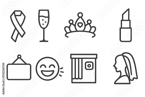 Bachelorette Icons Collection. Line style icons of bachelorette party: sash, champagne flute, tiara, lipstick. party sign,