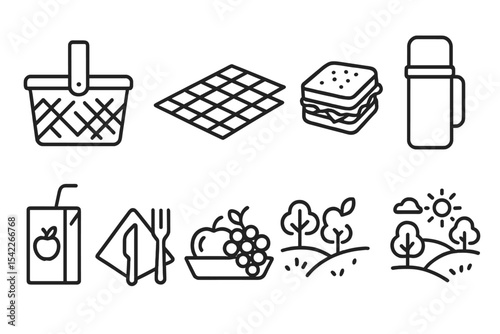 Open-Air Picnic Essentials. Line style icons of open-air picnic: picnic basket, checkered blanket, sandwich, thermos. juice box,