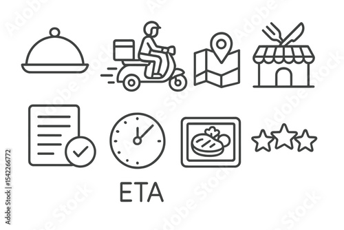 Food Delivery Icons. Line style icons of food delivery apps: food tray, delivery bike, map tracker, restaurant icon. order summary