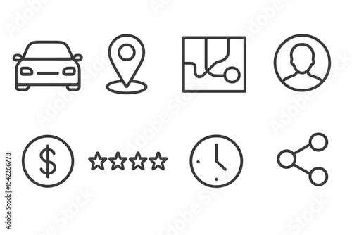 Ride-Sharing App Icons. Line style icons of ride-sharing apps: car icon, pickup point, route map, driver profile. fare estimate,