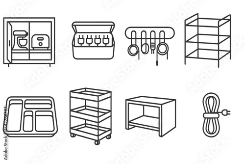 Storage Line Icons. Line style icons of storage and organization: appliance cabinet, plug storage, cable organizer, rack shelf.