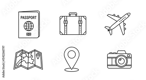 Vector  outlined passport, suitcase, airplane, map, location pin, and camera icons representing travel plans on transparent background