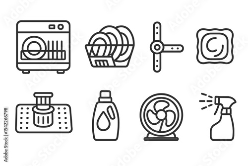 Dishwashing Appliance Icons. Line style icons of dishwashing appliances: countertop dishwasher, dish rack, rinse arm, detergent