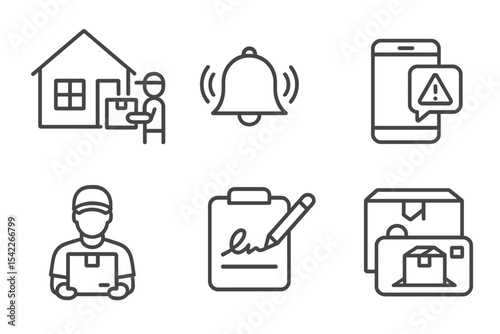Last Mile Delivery Icons. Line style icons of last mile delivery: home delivery, doorbell icon, mobile alert, doorstep package.