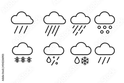 Precipitation Icons Collection. Line style icons of precipitation types: light rain, heavy rain, sleet symbol, hail icon. snow