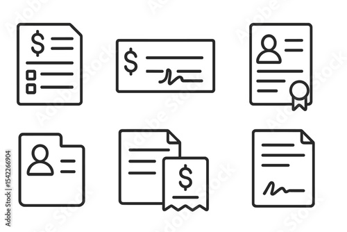 Bank Documents Icons. Line style icons of banking documents: bank statement, check leaf, identity proof, income certificate. KYC