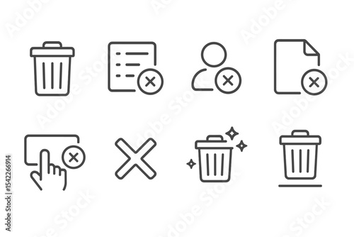 Delete Icons Set. Line style icons of delete variations: trash can with lid, delete from list, remove user, file delete. swipe to