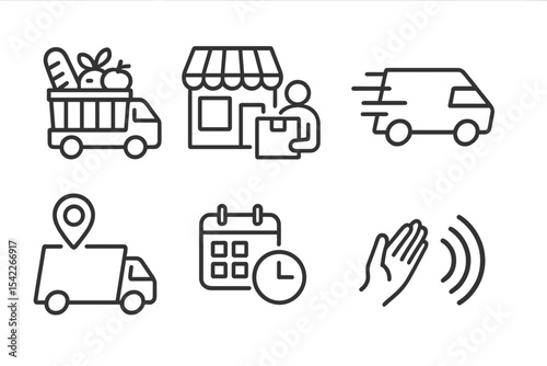 Delivery Icons Collection. Line style icons of delivery options: market delivery, in-store pickup, same day delivery, courier bag.