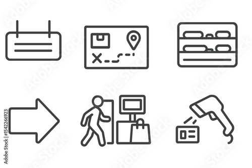 Store Navigation Icons. Line style icons of store layout and navigation: aisle sign, store map, product locator, section icon.