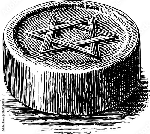 Vintage pentacle disc with engraving style and pencil texture for magical design elements