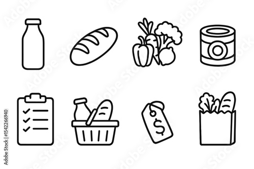 Grocery Line Icons. Line style icons of grocery shopping: milk bottle, bread loaf, fresh vegetables, canned food. shopping list,