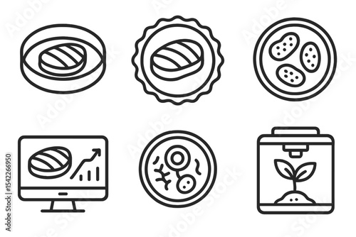 Future Food Icons. Line style icons of future food and nutrition: lab-grown meat icon, cultured steak badge, petri dish protein,