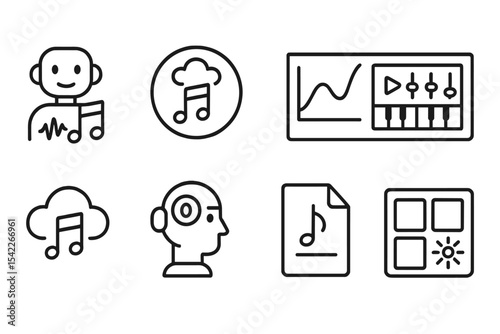 Digital Music Icons. Line style icons of future digital art: AI music composer icon, melody generator badge, harmony curve chart,