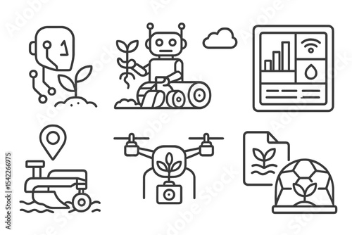 Climate Tech Icons. Line style icons of climate tech and green innovation: AI-powered farming icon, robot planter badge, yield