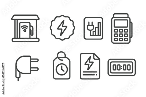 Future Mobility Icons. Line style icons of future mobility: smart fuel station icon, EV charge badge, refill slot chart, payment
