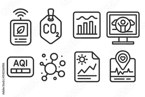 Urban Safety Icons. Line style icons of urban safety and smart infrastructure: air quality monitor icon, CO2 sensor badge, smog