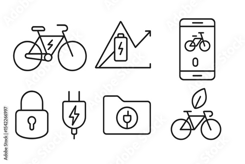 Future Mobility Icons. Line style icons of future mobility: electric bike icon, battery-powered frame badge, e-pedal assist chart,