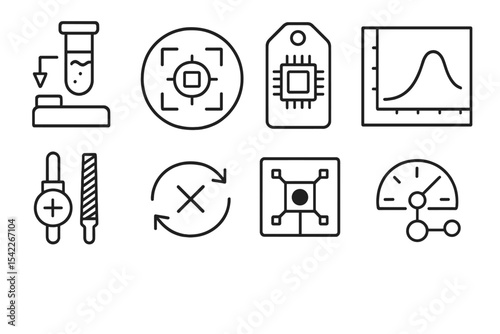 Microelectronics Line Icons. Line style icons of microelectronics and biosensors: biosensor calibration tool, alignment badge,