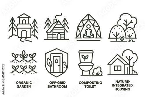 Eco Travel Icons. Line style icons of sustainable tourism and eco travel: nature retreat center, forest cabin icon, eco yoga dome,