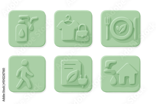 Green Lifestyle Icons. Neumorphism icons of green lifestyle choices: refill station, second-hand store, plant-based meal, walking