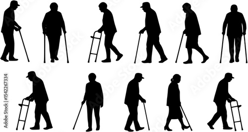 Group of elderly people with walking aids in various poses vector silhouettes set. Caregiver nurse helping senior people walking using walking aid silhouette set collection. 