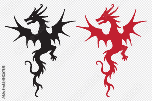 Set of Winged Dragons – Black Vector Silhouettes of Fantasy Reptile Creatures
