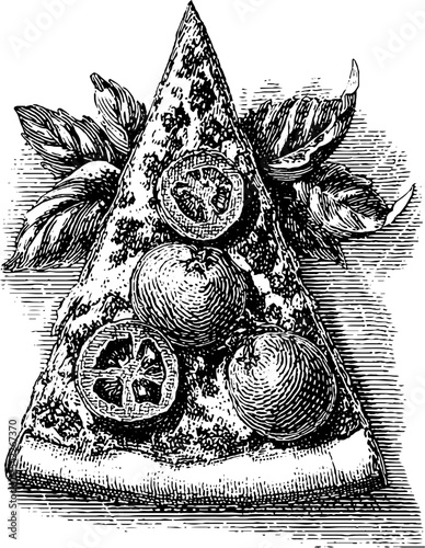 Vintage engraving style pizza slice with toppings and fresh basil leaves