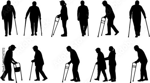 Group of elderly people with walking aids in various poses vector silhouettes set. Caregiver nurse helping senior people walking using walking aid silhouette set collection. 