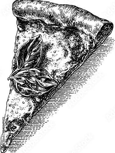 Vintage engraving style pizza slice with toppings for culinary design
