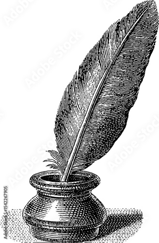 Vintage quill and inkpot engraving for retro design and print projects