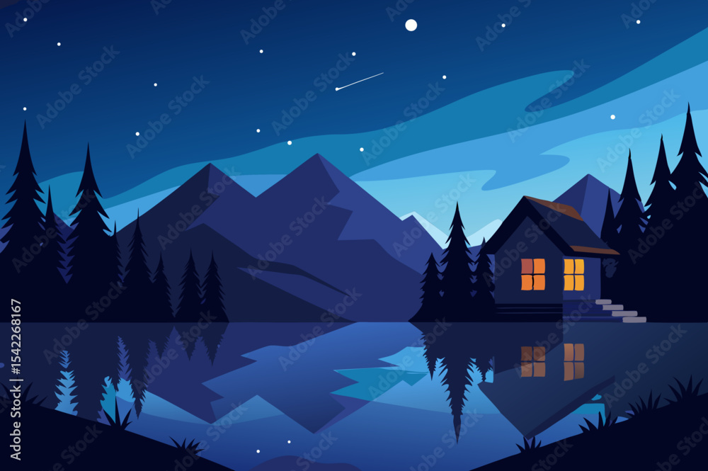 Fototapeta premium Night landscape cabin lake mountains stars