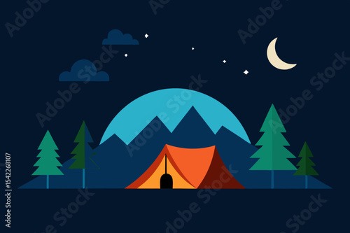 Night camping scene with mountains and tent