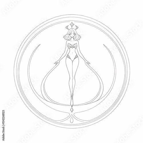 Stylized woman with crown within circular design