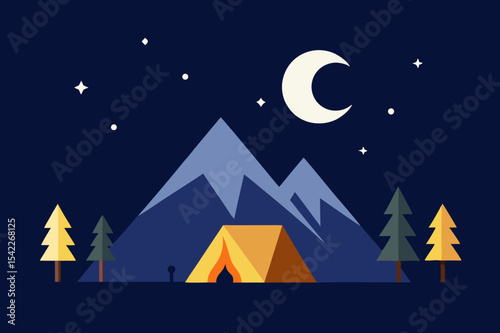 Night camping scene with mountains and crescent moon