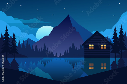 Nighttime cabin by lake with mountain view