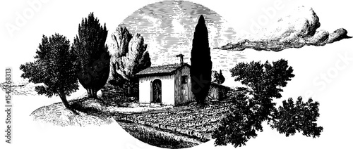 Renaissance border with vintage engraving style featuring rural landscape scene