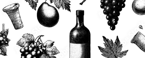Vintage wine and fruit motif pattern with engraving style design
