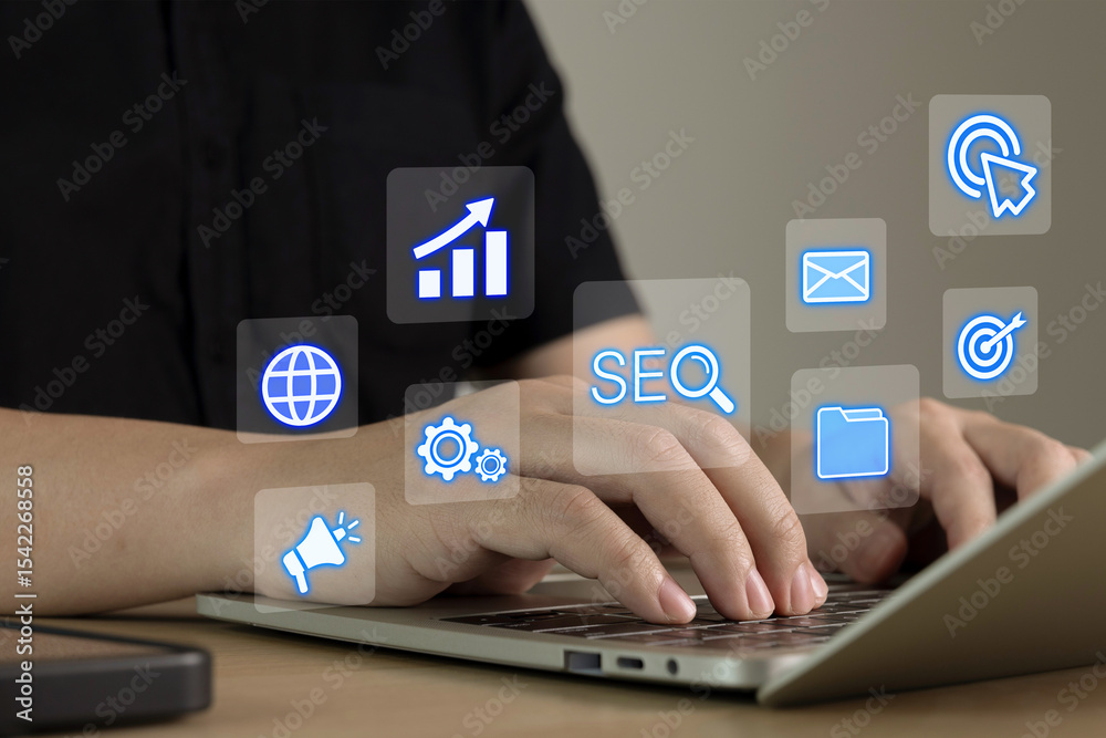 Fototapeta premium business people working online marketing technology on laptop computer, SEO, online advertising technologogy, digital advertisement, financial business, social media, modern online marketing concept