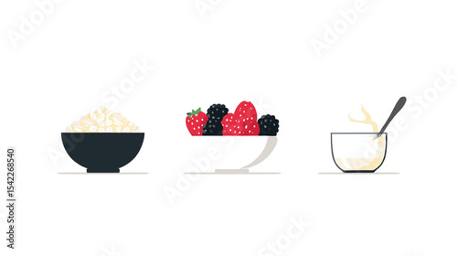 Clean food vector set with rice berries and yogurt flat style on white Nutrition and diets