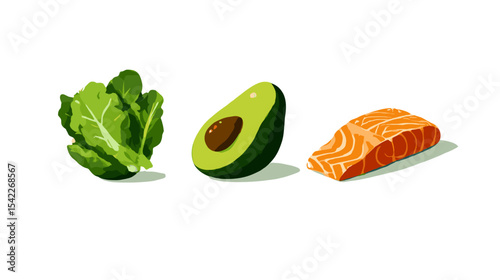 Simple illustration of lettuce avocado and salmon for balanced eating Nutrition and diets