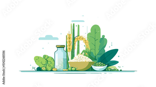 Illustration of natural vegan sources with grains and greens on white Nutrition and diets