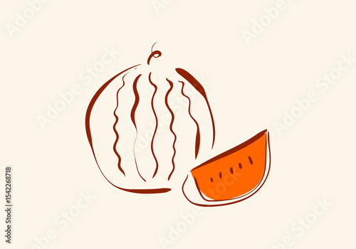 minimalist line art illustration of a whole watermelon and a slice